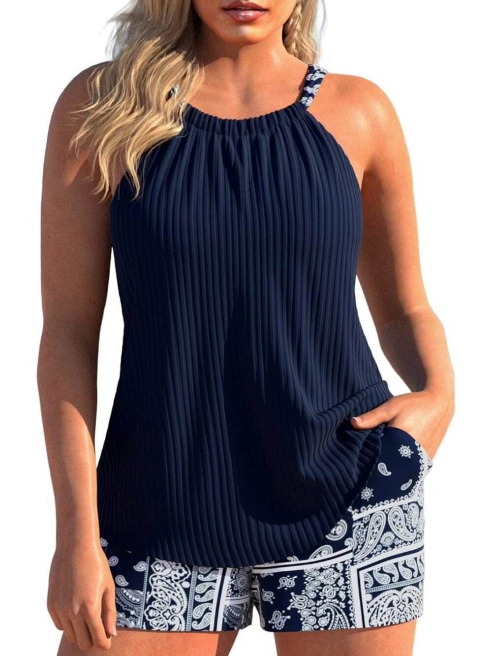 Women's Navy Ruched Round Neck Tankini Swimsuit with Pocket Shorts Tank Tops